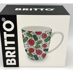 Romero Britto Roses Pop Art Coffee Mug Red & Green Bone China New 16.8 oz Boxed